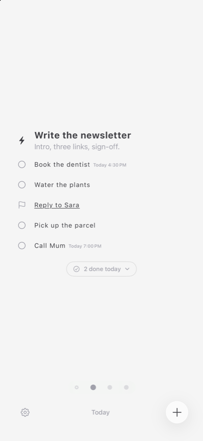 The Nauu list on an iPhone: one task in progress in bold, five more below it, and a line showing two finished today.