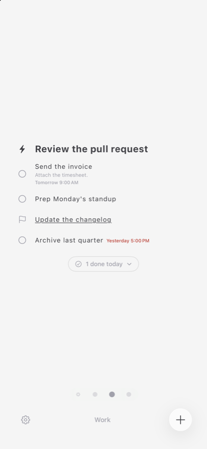 A Work list in Nauu, with a task due tomorrow and one overdue shown in red.